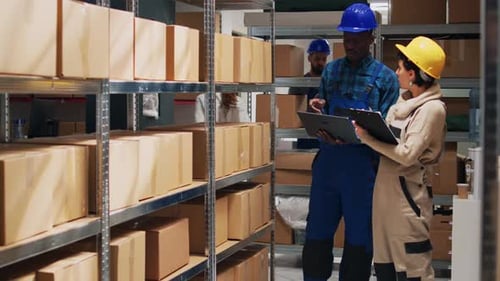 Warehouse Employees Check Inventory Together Using a Laptop
