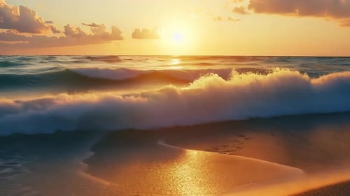Golden sunset over the ocean waves crashing on the shore. Soft light reflecting on the sand
