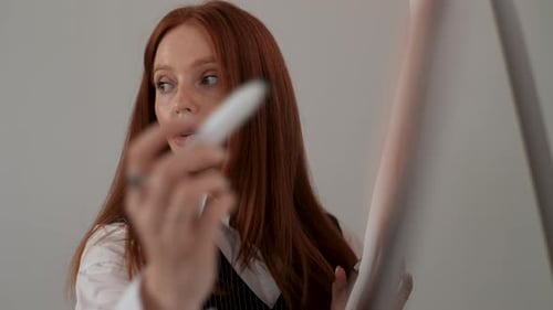 Closeup of Confident Female Speaker Coach Give Corporate Presentation on Whiteboard Teaching Sales