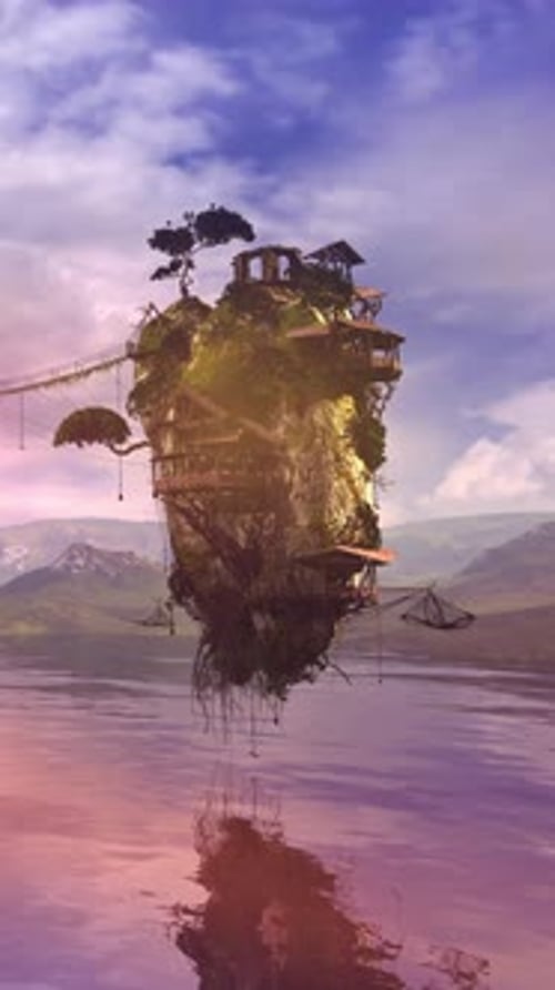 Floating Fantasy Island with Houses Above Water