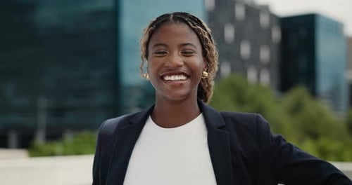 Smile, confidence and face of black woman in city, architecture career or creative professional