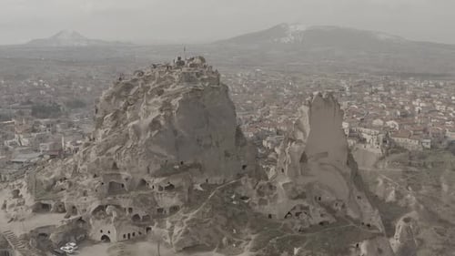Aerial video of the city of Uchisar Cappadocia Turkey