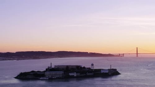 San Francisco, California Circa-2017, Aerial View of Alcatraz Island at Sunset With