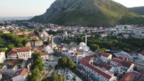 Mostar Old Bridge and Mosque Aerial View. Bosnia and Herzegovina