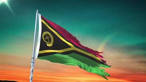 Waving Flag of Vanuatu Against a Dynamic Sunset Sky