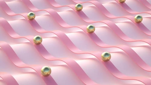 3D Loop of Golden Balls Rolling Along Wavy Pink Lines