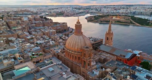 Aerial View of an Incredible View of the Old Town Center of Valletta with Basilica of Our Lady of