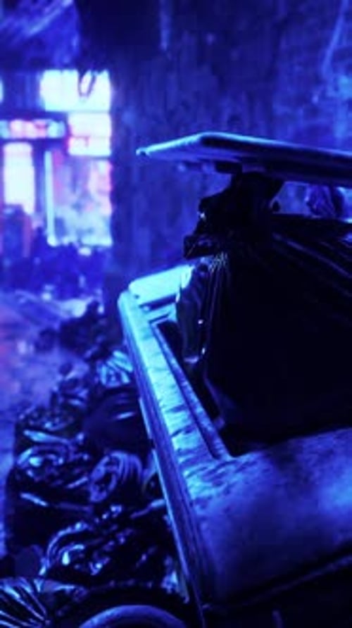 Bags of Rubbish Lie Under Neon Lights