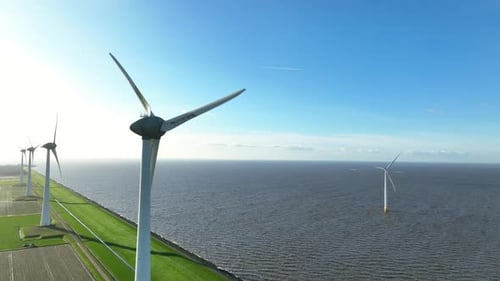 Wind turbines on a lakeshore and off shore