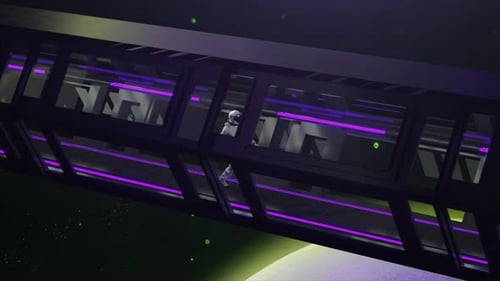 Astronaut Walks on Futuristic Bridge in Space Over Distant Planet