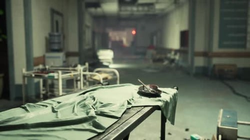 Abandoned Hospital Corridor with Overturned Beds and Neglected Belongings