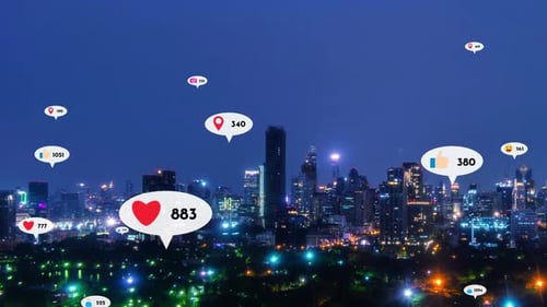 Social Media Icons Fly Over City Downtown Showing People Reciprocity Connection