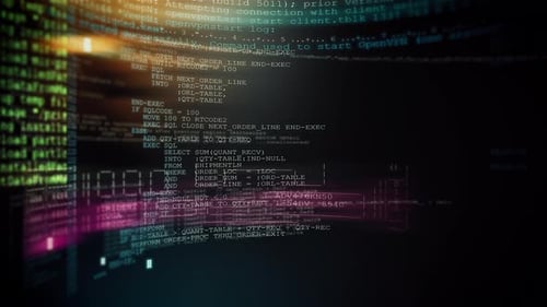 Dynamic close up of programming text and execution commands floating in perspective