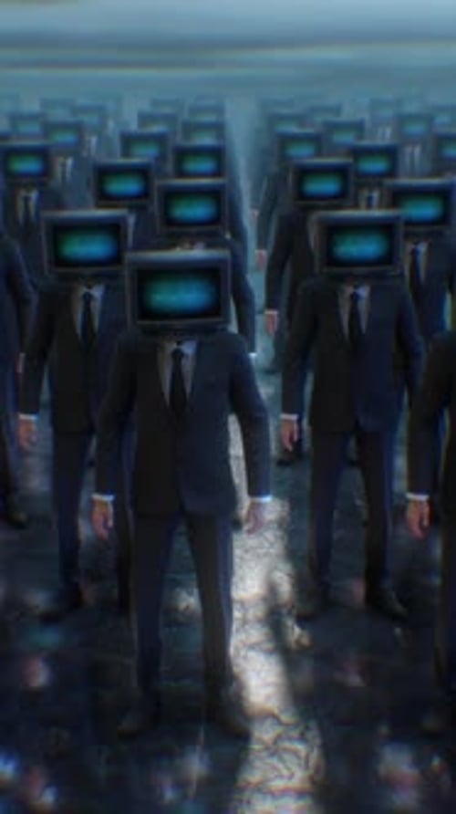 TV Head Figures in Glitchy Digital Corporate Crowd
