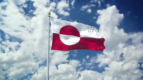 Greenland National Flag Waving with Realistic Fabric and Cloudy Sky