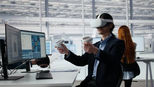 Manager Using VR Technology to Optimize Microchip Production in Factory