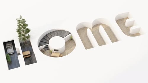 3D Animated Home Word Cutout Revealing Modern Interiors