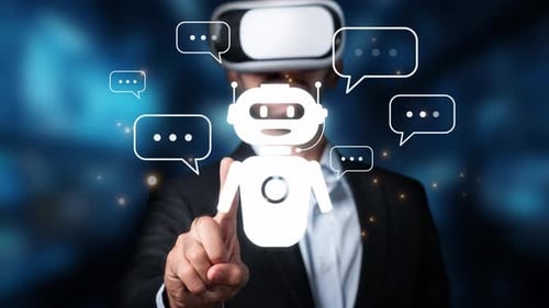 Businessman Interacting with Virtual Reality Technology, Engaging with Chatbot and Digital Communica