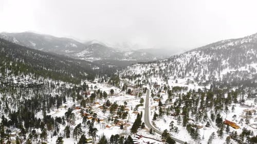Estes Park, Colorado USA. 4K Drone. Lonely Road In Small Snow Covered Winterscape Town In Rocky Moun