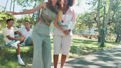 Skateboard, teaching and friends with woman in park for college vacation