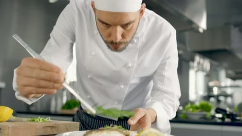 Famous Chef Decorates His Special Fish Dish with Some Greens. He Works in a Modern Kitchen.