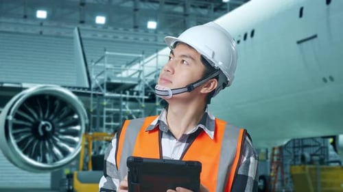 Close Up Of Asian Male Engineer Looks At Tablet And Looks Around While Aircraft Maintenance