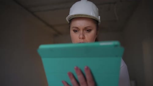 A Professional Woman is Using a Tablet on a Bustling Construction Site to Enhance Productivity