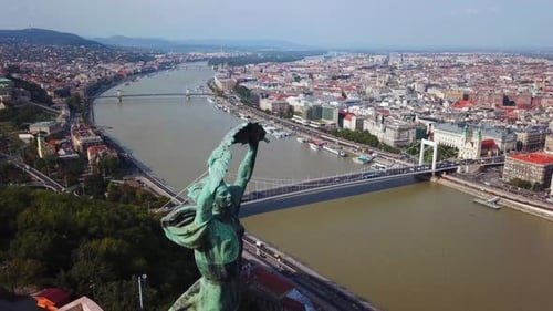 Liberty statue of Budapest, Hungary, with general city view