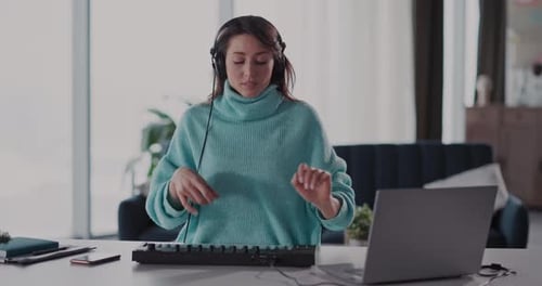 Woman Plays Keyboard, Home Studio, Music Production