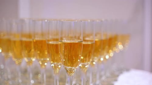 A Row of Champagne Flutes Filled with Sparkling Wine Displayed on a Decorated Table at a Formal