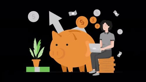 woman with a laptop investing her money with increasing graph in the background on alpha channel