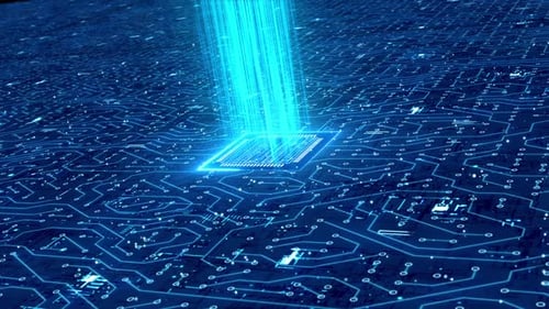 Computer Chip on Illuminated Circuit Board