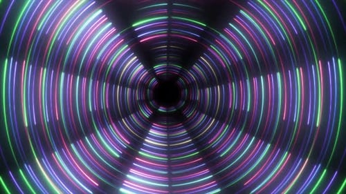 Neon Circle Background. Abstract Glowing Neon Circle Moving On Black Background. Round Circle Motion