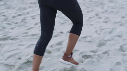 Beach, fitness and feet running on sand for marathon training, exercise