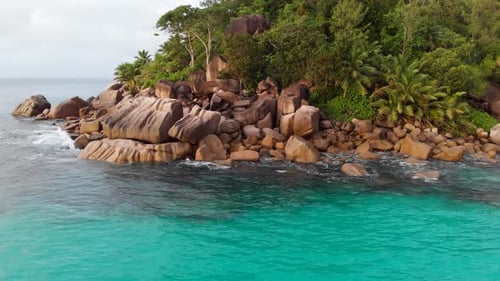Aerial view of the most beautiful beaches and turquoise waters of the Seychelles.