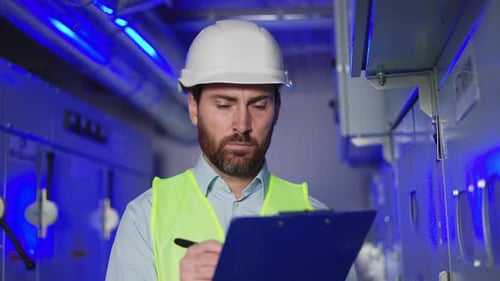Engineer Taking Notes at Substation Checking Meter Data Factory Technical Room