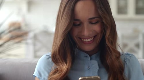 Closeup Smiling Business Woman Using Smartphone At Home Office. Portrait Of Joyful Girl Checking ...