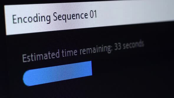 Video editing. Exporting a sequence. Progress bar. Screen close up ...