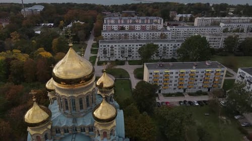 Aerial footage of Saint Nicholas Naval Cathedral in Liepaja, Latvia, 4k