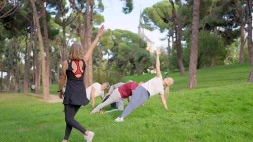 Senior Friends Practicing Yoga with an Instructor in a Park