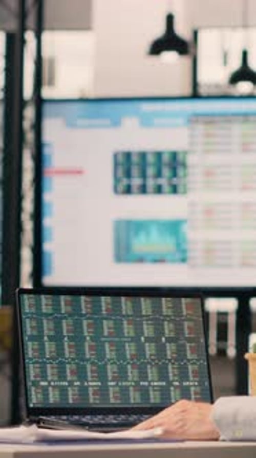 Vertical Video Worker Analyzes Business Intelligence and Monetary Data on Laptop