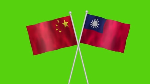 Waving Flags of China and Taiwan on Green Screen