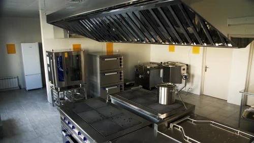 Stainless Steel Commercial Kitchen with Cooking Equipment