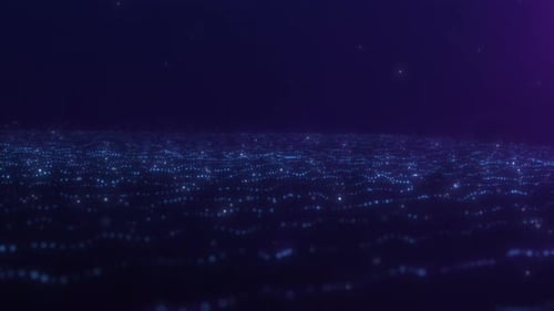 Abstract blue glowing digital particle landscape surface in cyberspace.