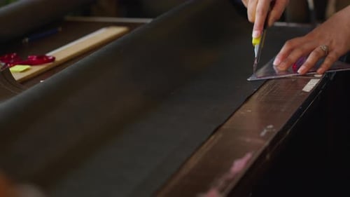 Corte a medida una tela dura con tijeras para hacer una bolsa 3