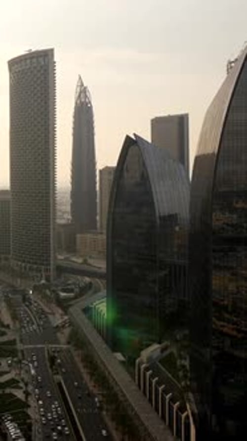 Cityscape View of Modern Glass Buildings, Busy Roads