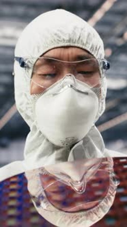 Vertical Video Close Up of Researcher Holding Processed Silicon Wafer
