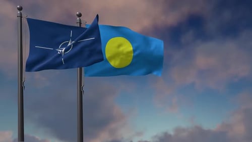 NATO and Palau Flags Waving with Realistic Sky