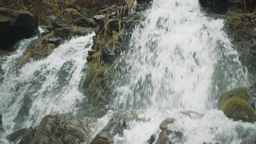 High Angle of Turbulent Waters Flowing Down Striking Rocky Slope in a Forest