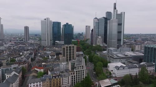 Aerial View of Frankfurt Skyline with Skyscrapers and Europaturm